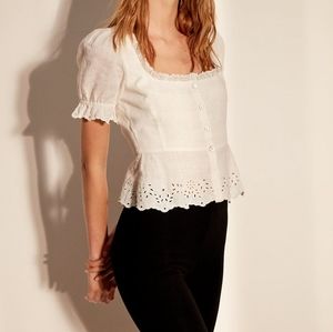 NWOT Aritzia Wilfred la boheme Arwen Blouse sz 4 White Linen Peplum Puff Sleeve